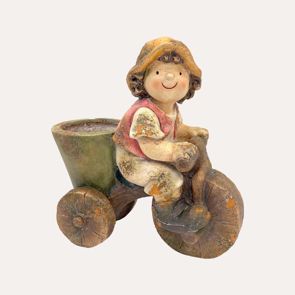 Skulptur eines Kindes mit Fahrrad aus Harz H.62X55X24