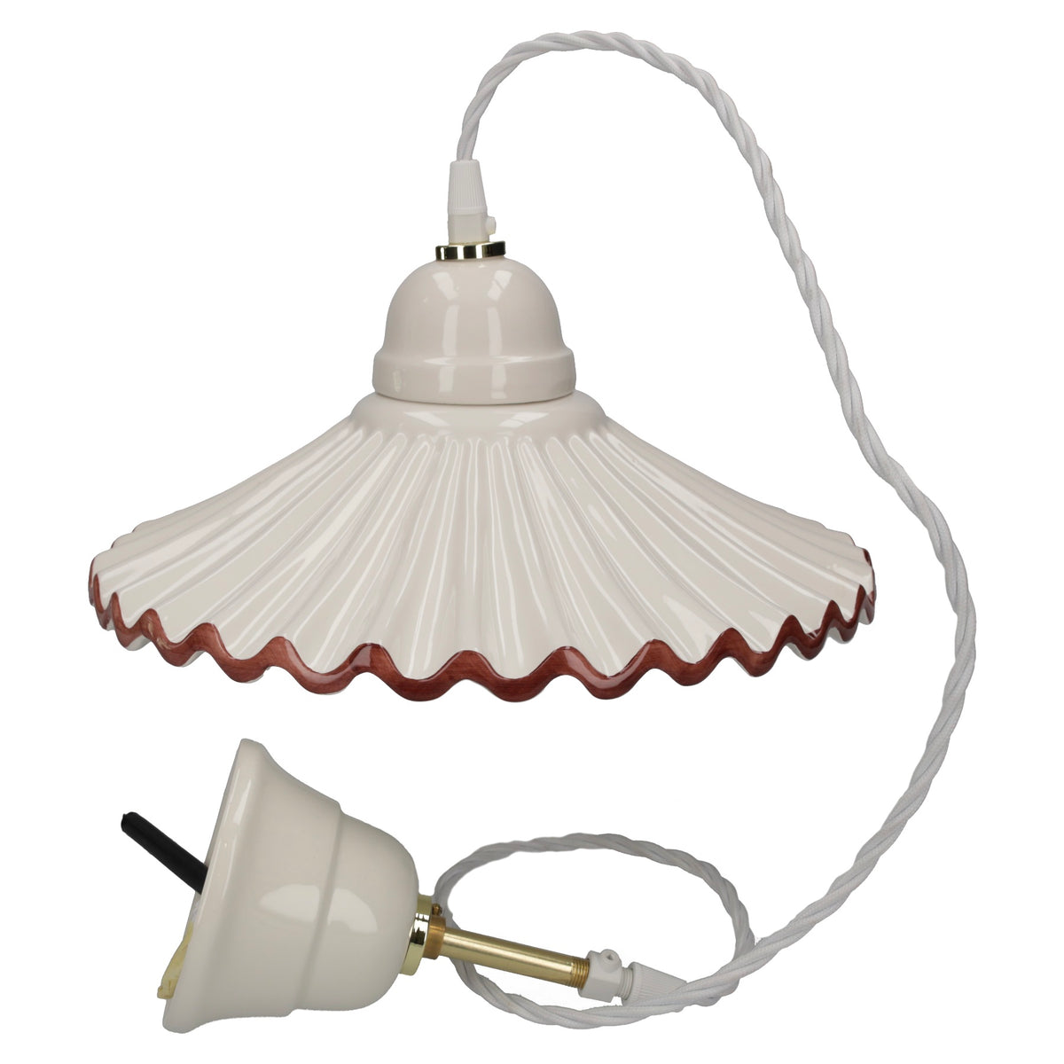 Lampadario Rustico in Ceramica Bianca Bordo Marrone Ø. 30cm