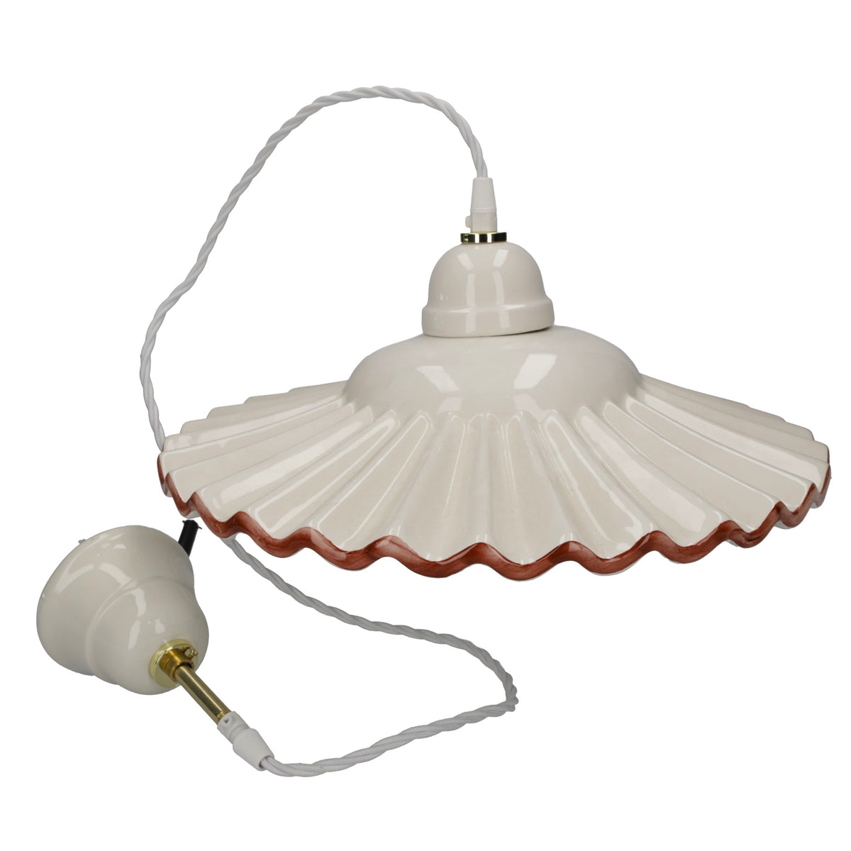 Lampadario Rustico Ceramica Bianca Bordo Marrone e Treccia Ø 39 cm