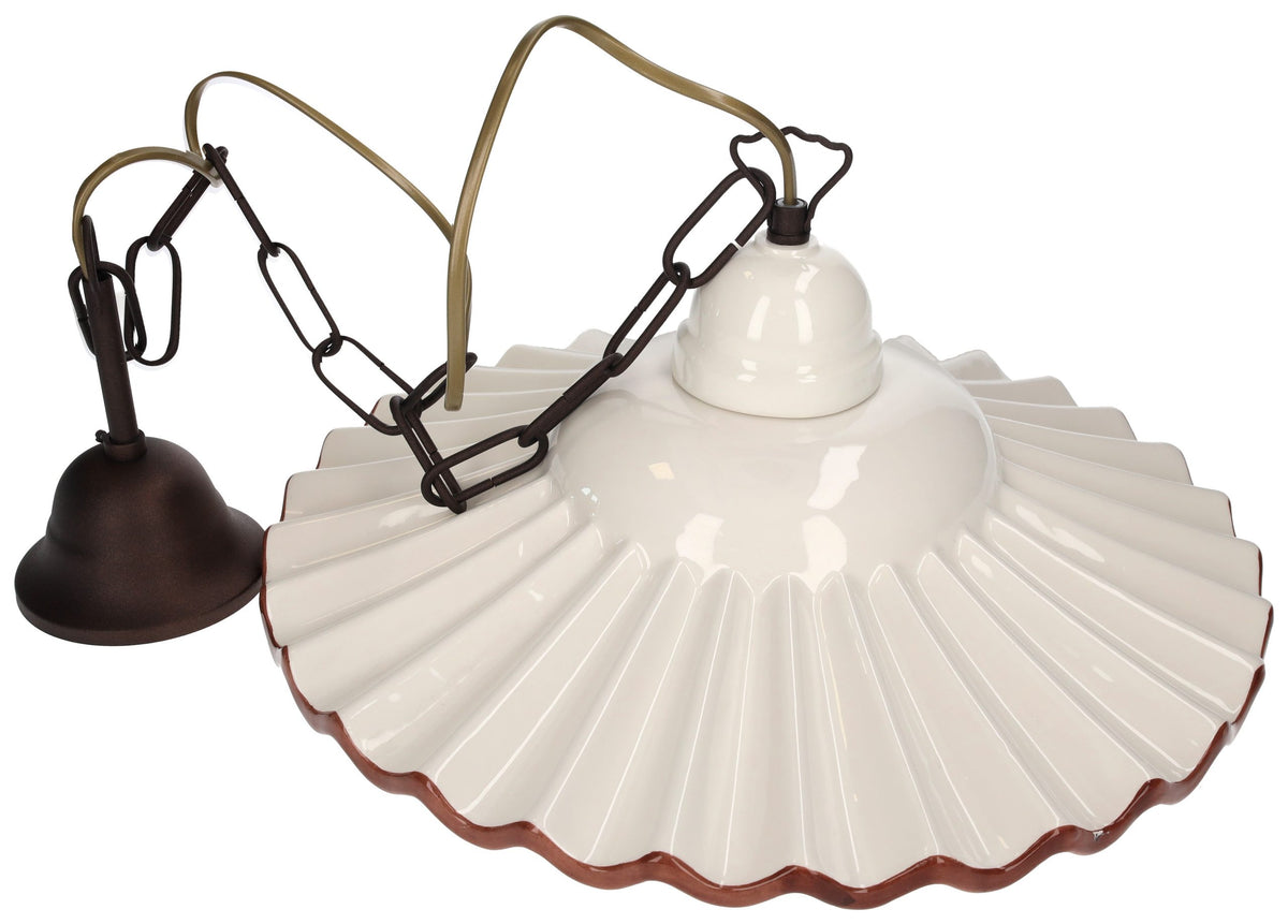 Lampadario Rustico Ceramica Bianca con Bordo Marrone Ø 39 cm
