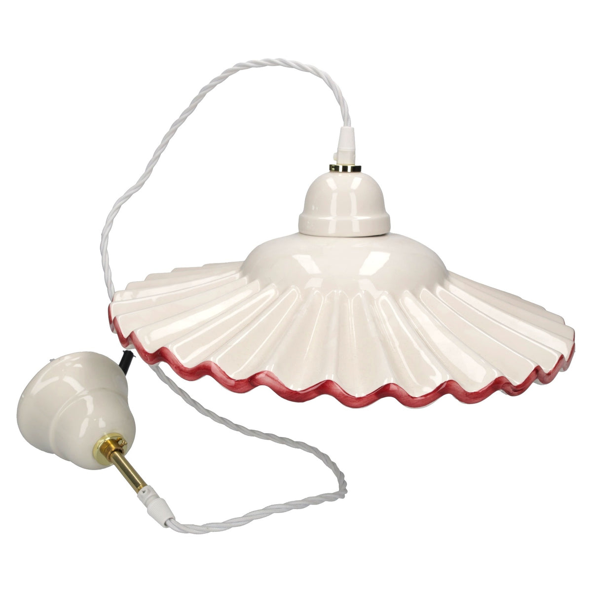Lampadario Rustico in Ceramica Ondulato Bianco con Bordo Rosa