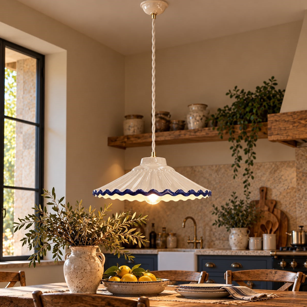 Lampadario Piccolo Bordo Blu in Ceramica con Treccia Ø.20 cm - KeyHome Store