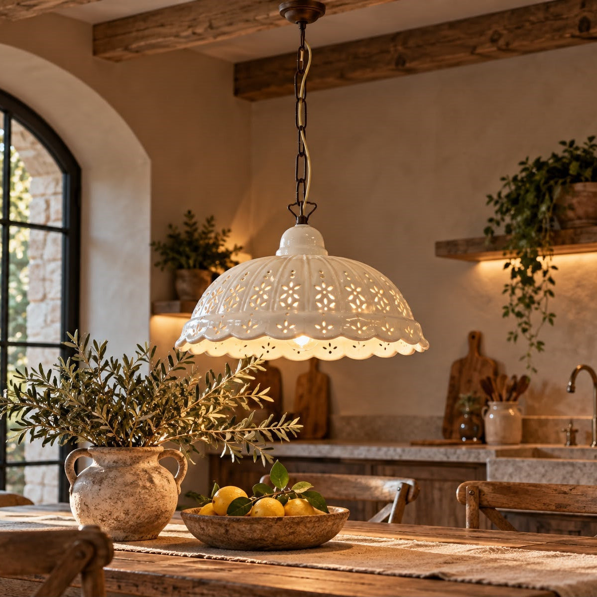 Lampadario Cupola Smerlata in Ceramica Bianco Ø. 32cm - KeyHome Store