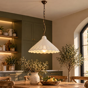Lampadario a Cono con Catena in Ceramica Bianco Ø. 40cm - KeyHome Store