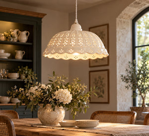 Lampadario Traforato Rustico in Ceramica Bianco Ø.32 cm - KeyHome Store