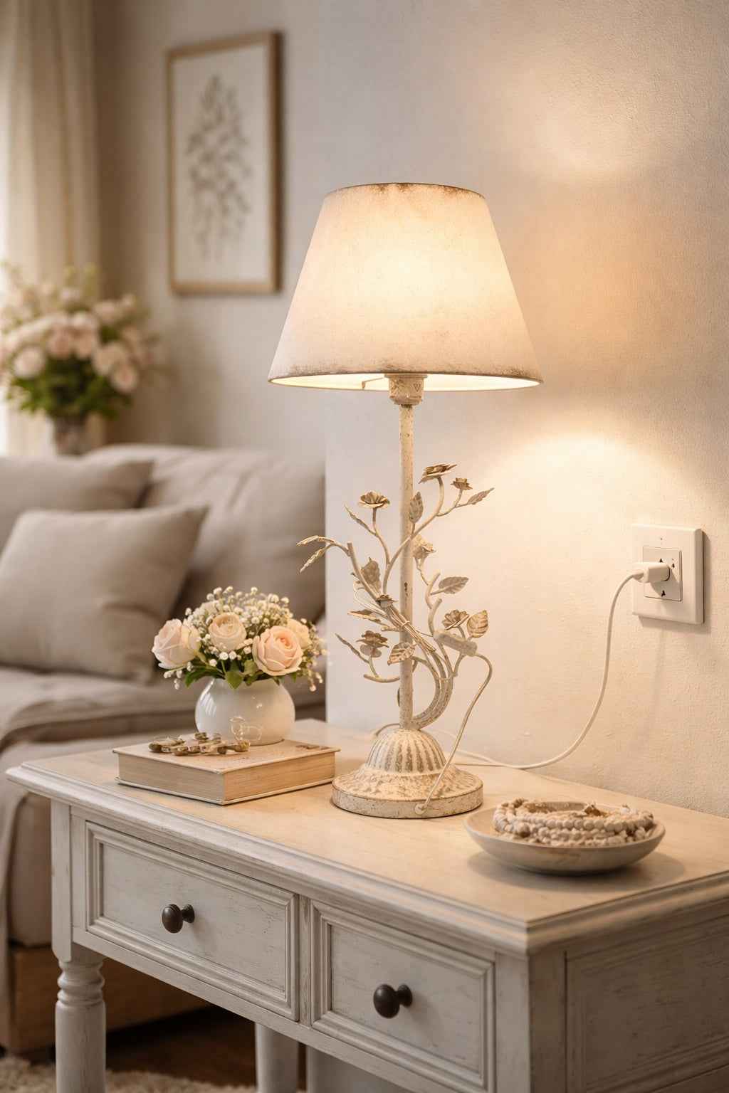 Lampada da Tavolo in Ferro Bianco con Fiori