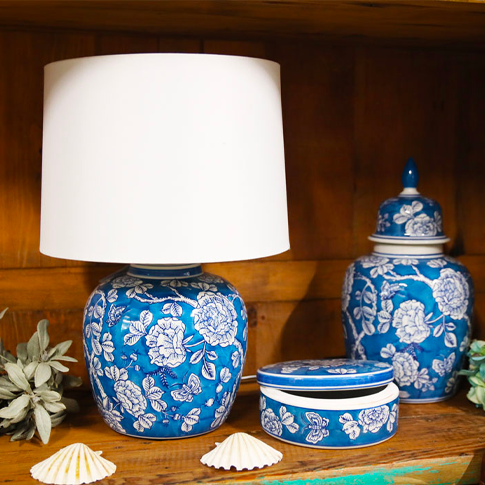 Lampada con Fiori e Farfalle in Porcellana Blu H.45 cm - KeyHome Store