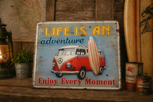 “Life Adventure” Tin Table with Van 40x30 cm – Vintage Travel Style