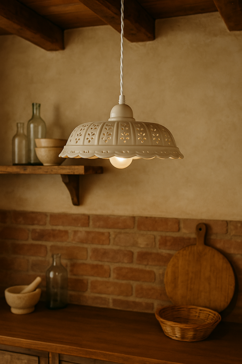 Lampadario Traforato in Ceramica Bianca Ø. 42cm