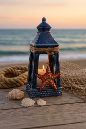 Blue Ceramic Lantern with Starfish – Seaside Decoration for Home and Garden