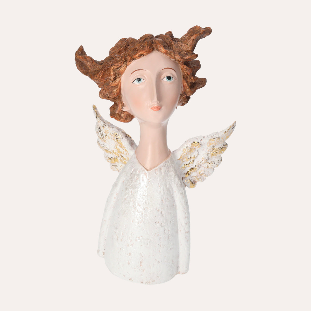 Statua Angelo con Ali Dorate in Resina Bianco H. 26 cm