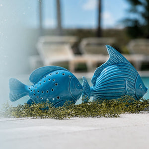 Estatueta de castiçal de peixe perfurado de cerâmica azul claro - KeyHome Store