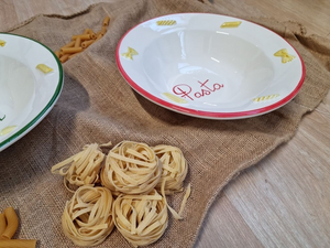 Handcrafted Ceramic Soup Plate with Red Edge