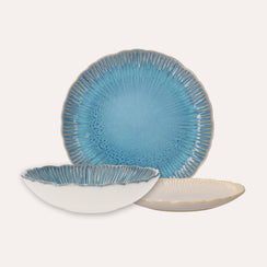 Servizio di 12 (4+4+4)Piatti in Ceramica Azzurra con Motivi a Corallo