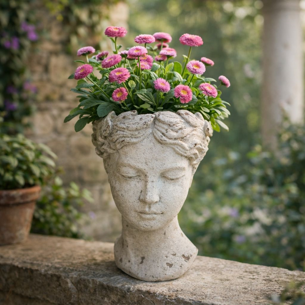 Decorative Plant Holder Head in White Resin, Height 35 cm