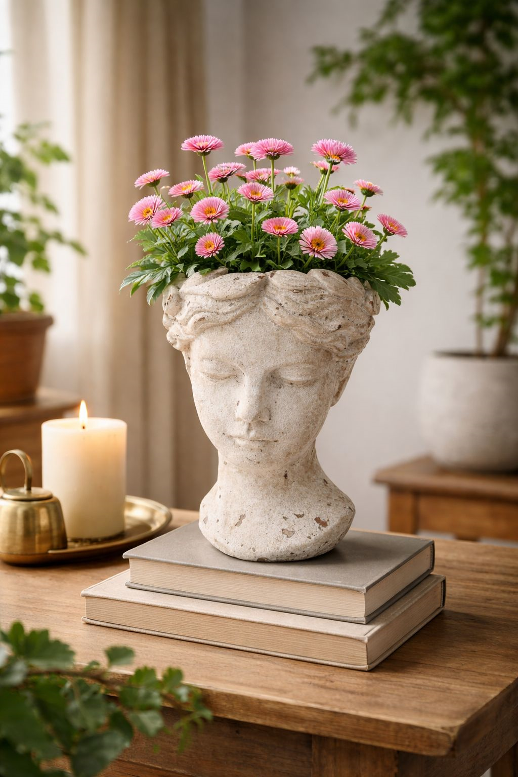 Decorative Plant Holder Head in White Resin, Height 35 cm