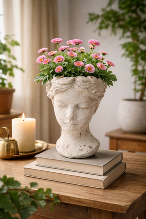 Decorative Plant Holder Head in White Resin, Height 35 cm