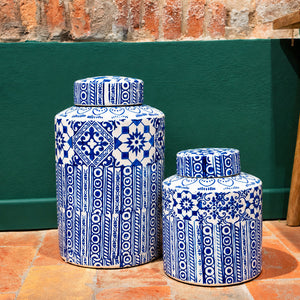 Potiche com Decorações Azuis em Cerâmica Bege H.26 cm - KeyHome Store