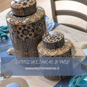 Potiche em Cerâmica Bege com Decorações Azuis H.45 cm - KeyHome Store