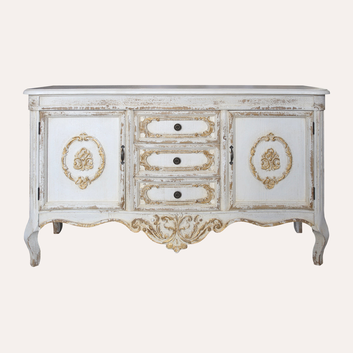 Cassettiera in Legno Bianco con dettagli dorati 128X38X76 cm