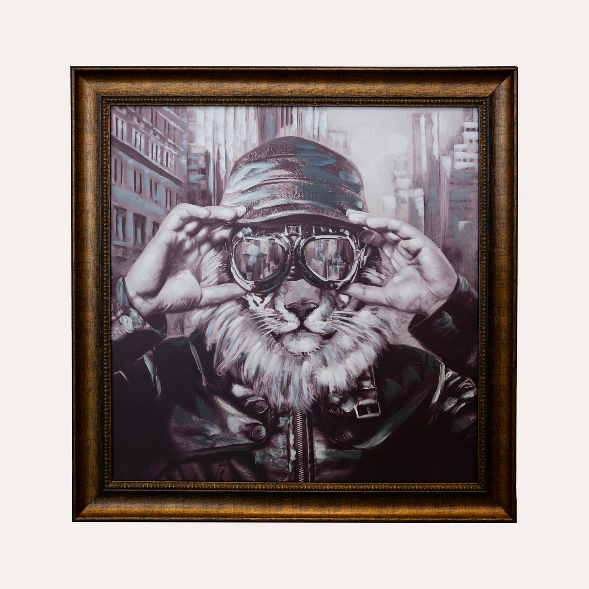 Quadro "Leone con Occhiali da Sole" in Cornice Antichizzata