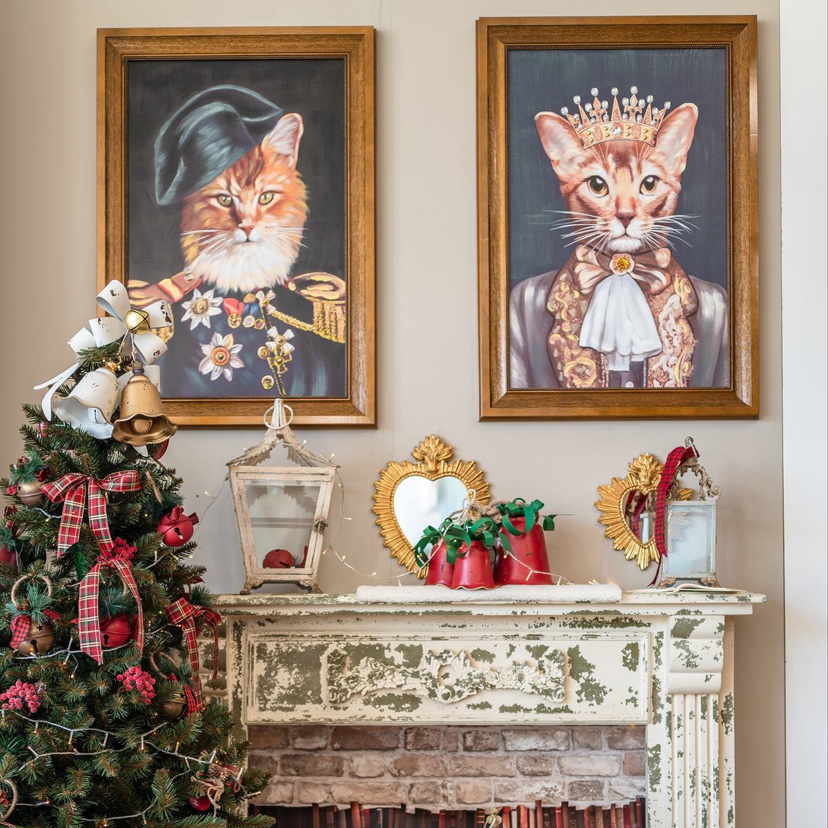 Quadro Gatto Corona Vintage con Cornice in Legno 70x100 cm - KeyHome Store