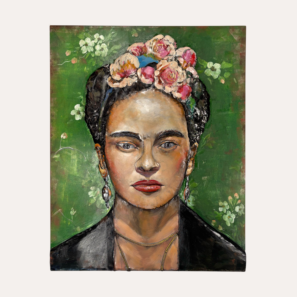 Quadro Decorativo in Metallo Donna con Fiori 80x100x8 cm