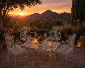 Set da Giardino Antik con Tavolino Fumo e 4 Poltroncine Bianco Anticato