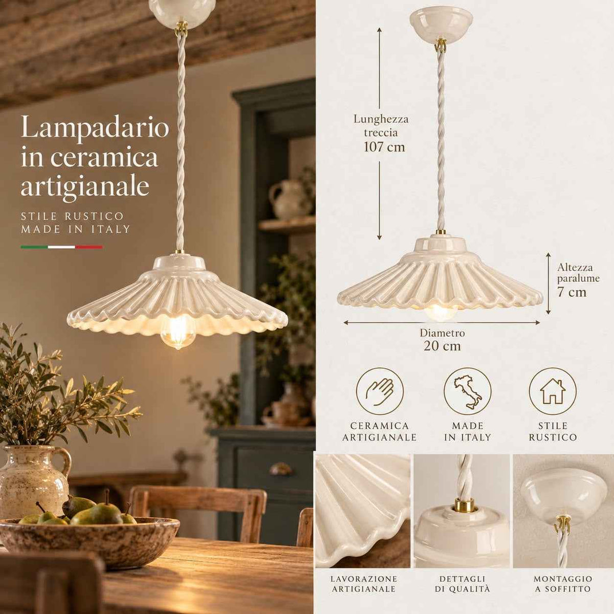 Lampadario Piccolo Bianco in Ceramica con Treccia Ø.20 cm