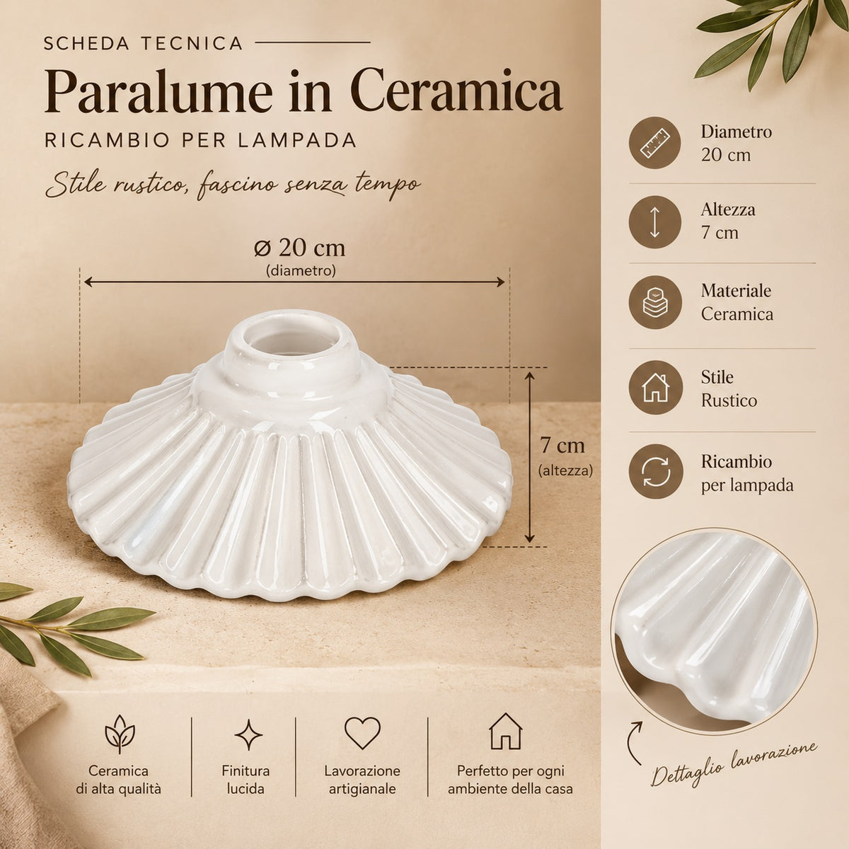 Paralume in Ceramica Bianco con Bordo Bianco Ø.20 cm - KeyHome Store
