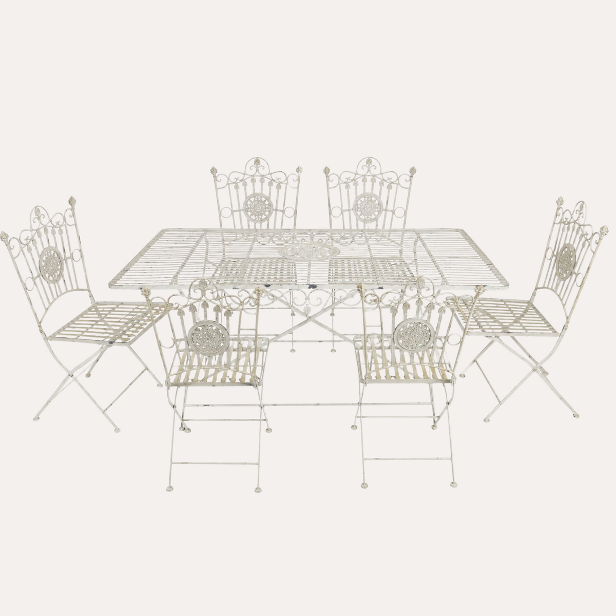 Set da Giardino Vintage in Ferro Bianco Anticato con Tavolo e 6 Sedie