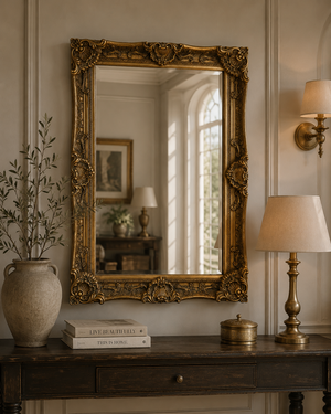Specchio da Parete 90x115 cm con Cornice Decorata in Legno Oro