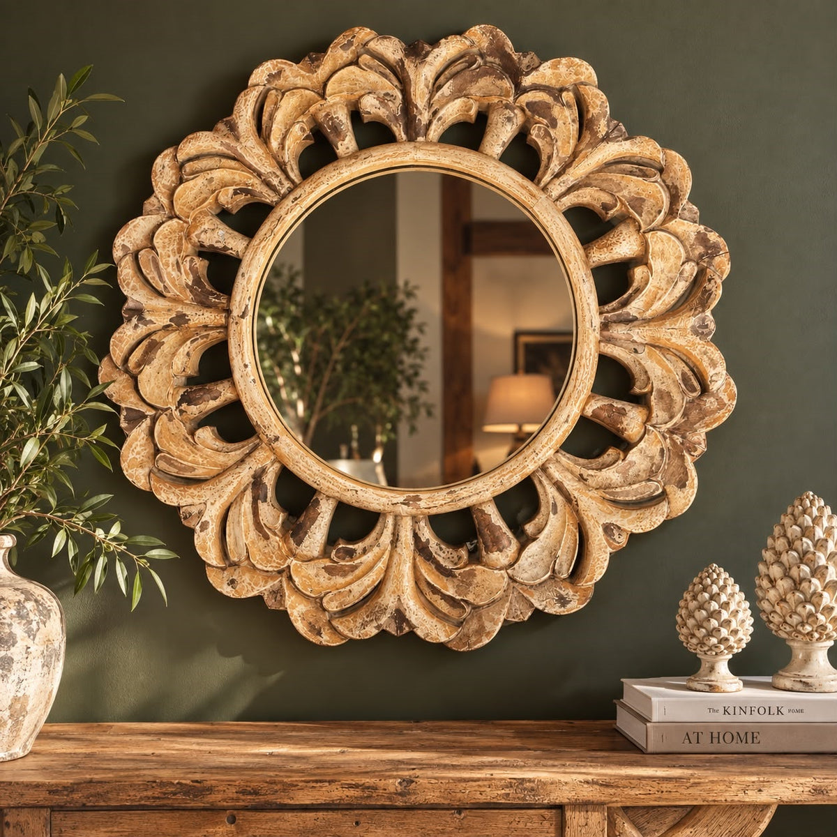 Specchio Sole con Cornice in Legno Marrone Ø.90 cm - KeyHome Store