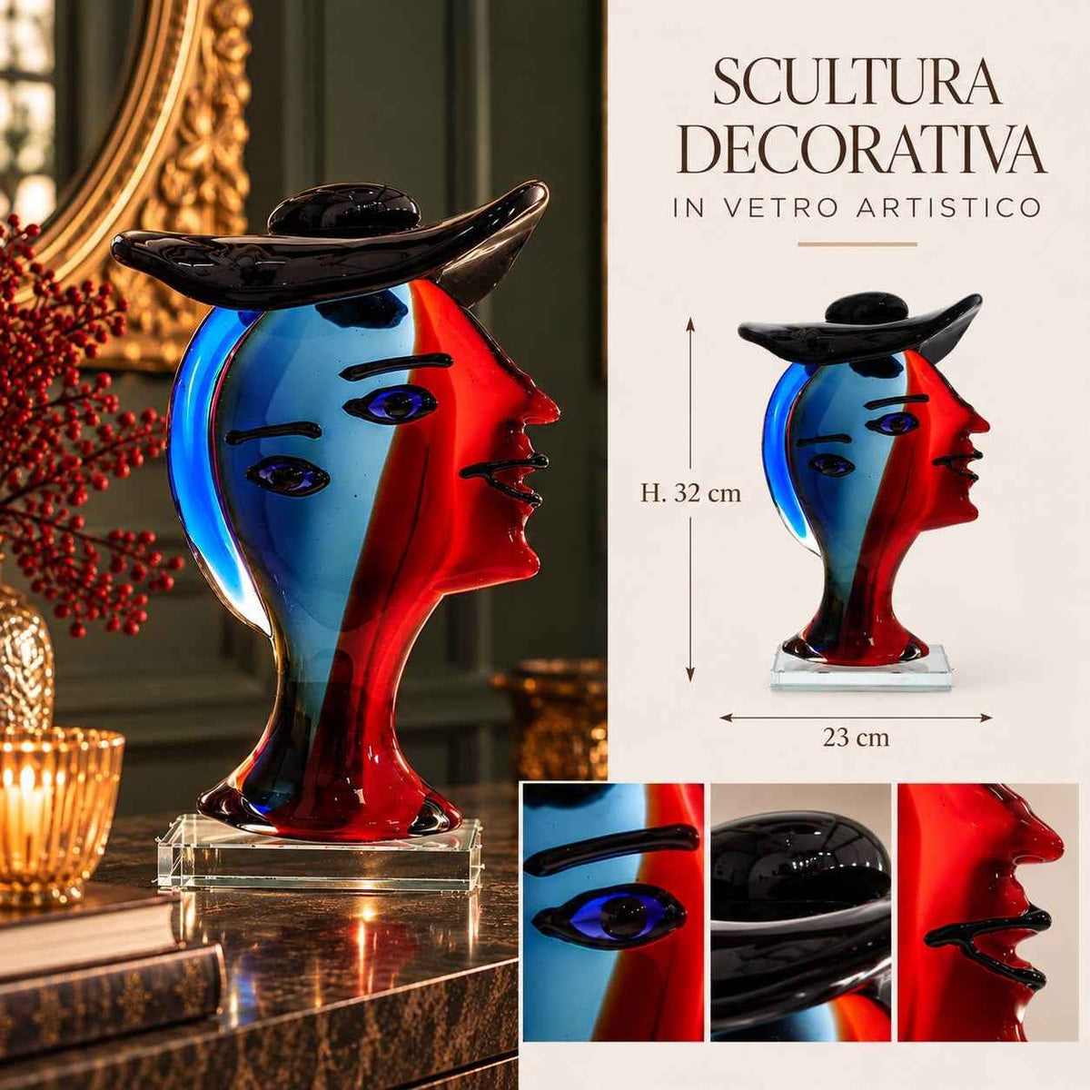Scultura Donna con Cappello in Vetro Pieno H.32 cm