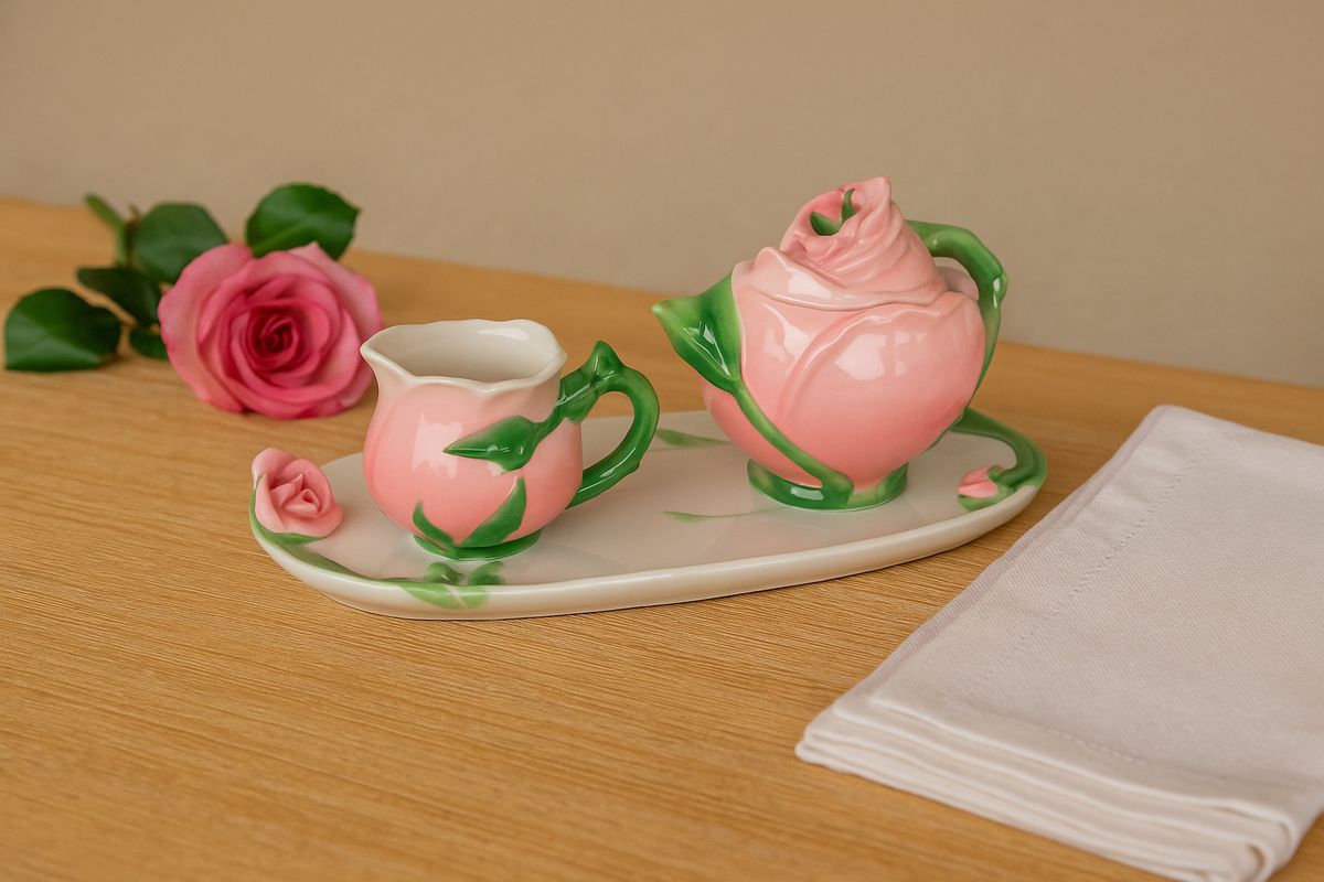 Juego de azucarero y soporte para leche de cerámica decorados en rosa