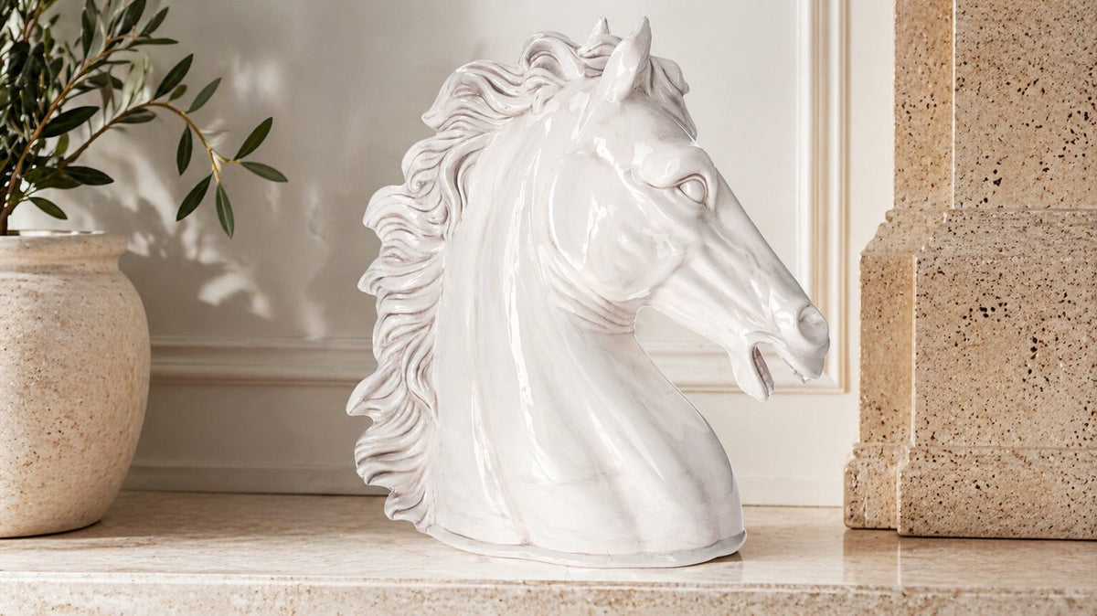 Testa di Cavallo in Ceramica Bianco Anticato H 50 cm