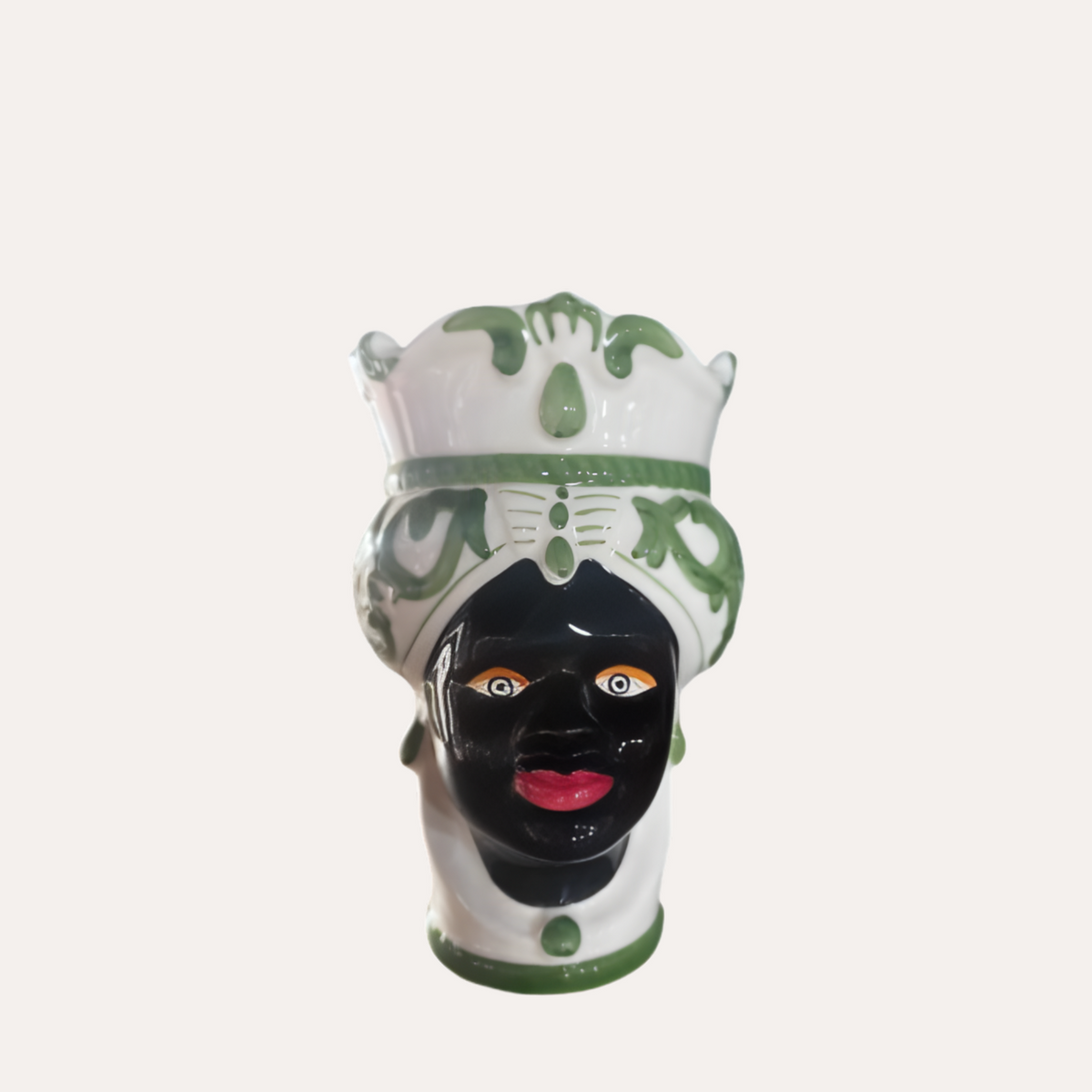 Woman's head vase in small green ceramic H. 20 cm Ø14
