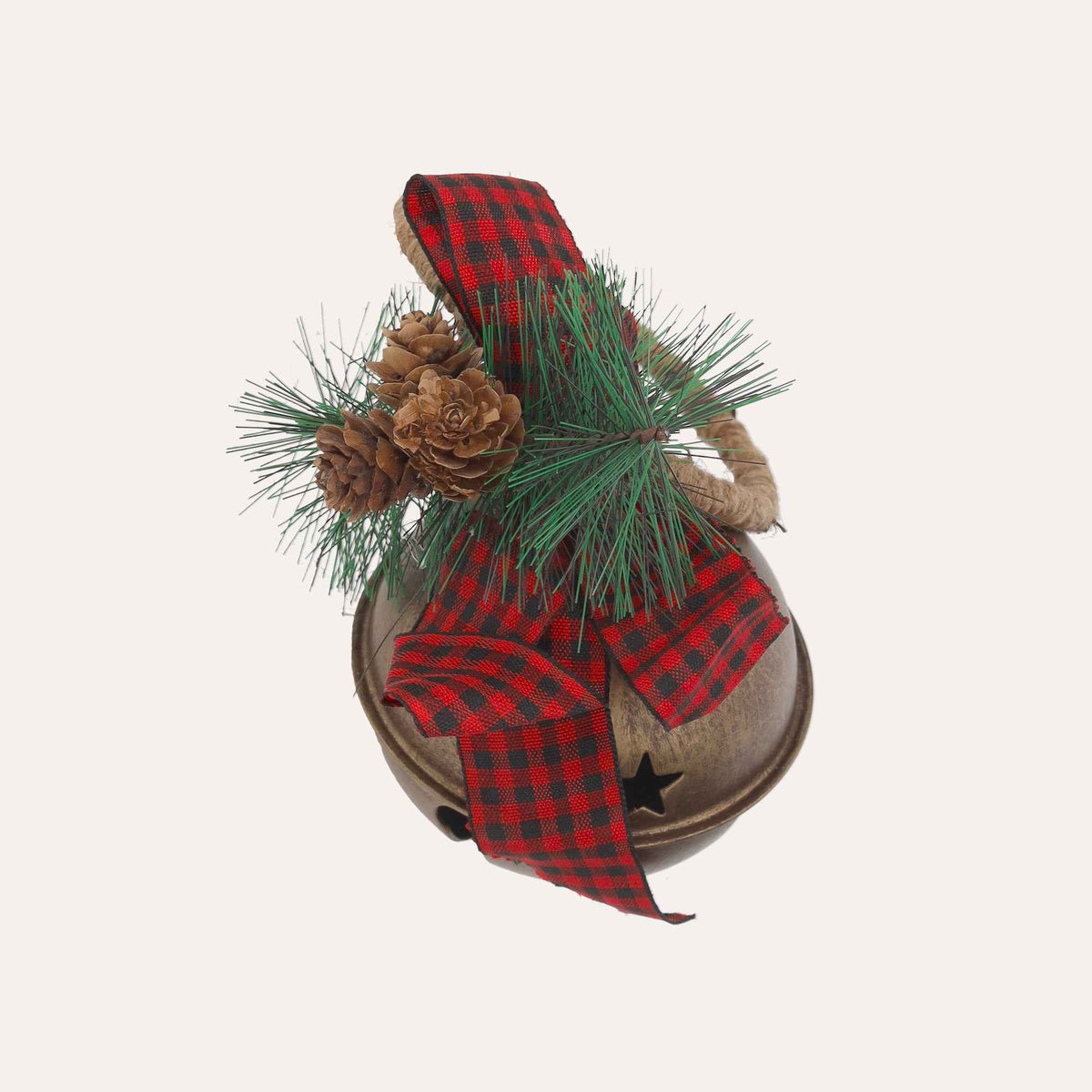 Boule de Noël en métal doré avec hochet et noeud rouge