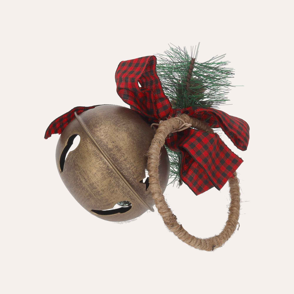 Boule de Noël en métal doré avec hochet et noeud rouge