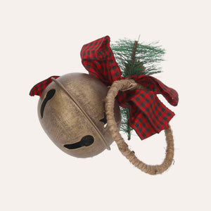 Boule de Noël en métal doré avec hochet et noeud rouge