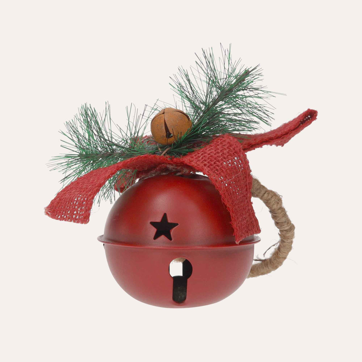 Rote Weihnachtskugel aus Metall mit Rassel und Zweig