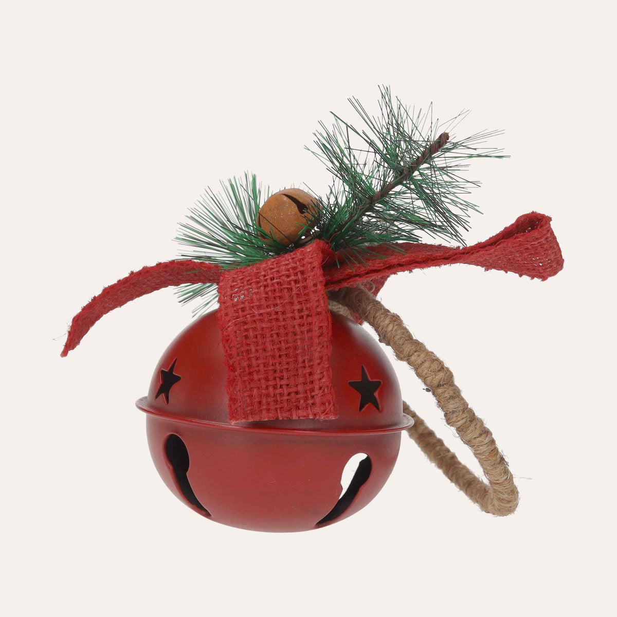 Rote Weihnachtskugel aus Metall mit Rassel und Zweig