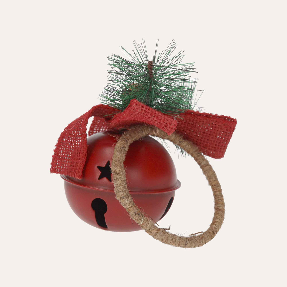 Rote Weihnachtskugel aus Metall mit Rassel und Zweig