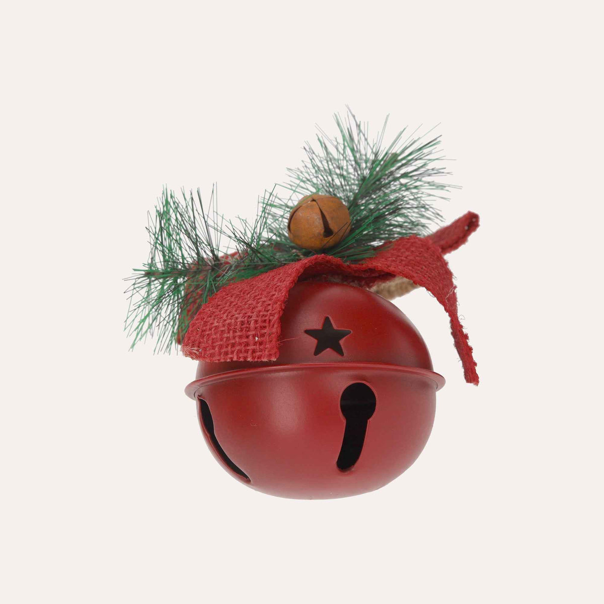 Rote Weihnachtskugel aus Metall mit Rassel und Zweig