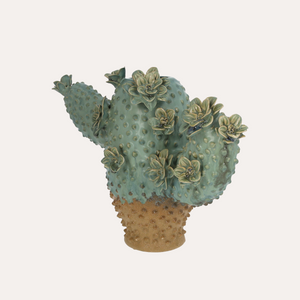 Vaso Cactus in ceramica verde con dettagli floreali H.26×34×15,5 cm