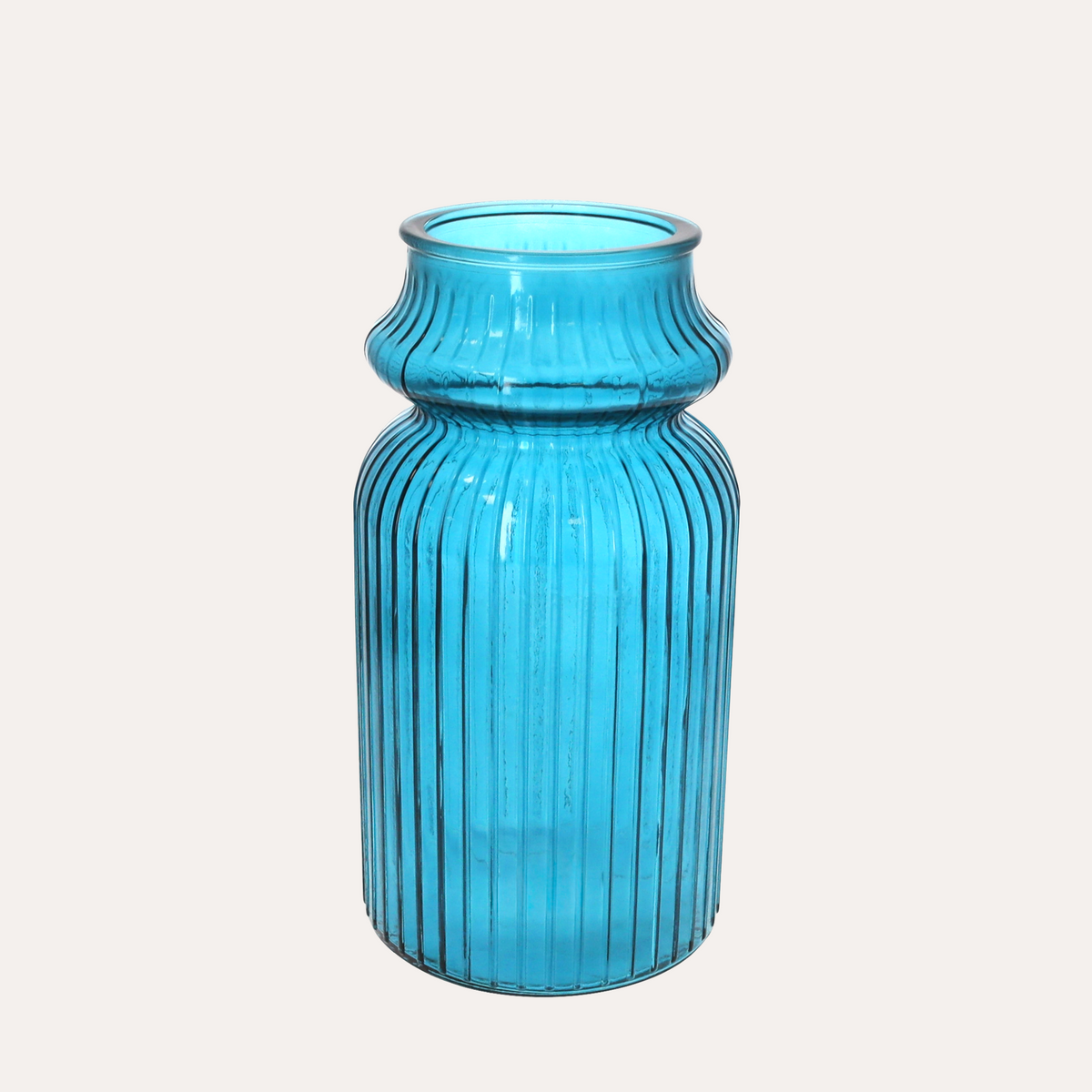 Turquoise Short Striped Vase in Recycled Glass H29 D14.5