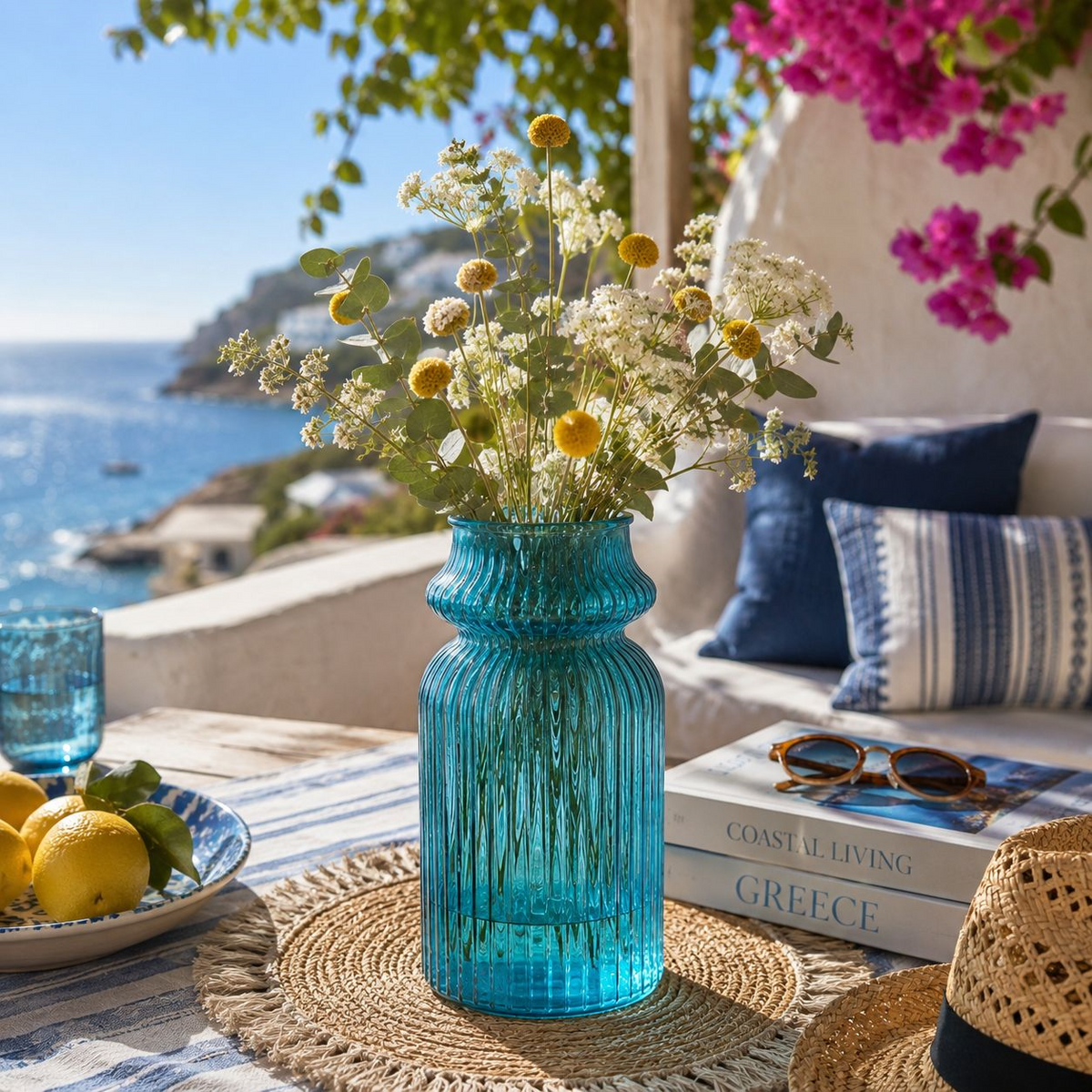 Turquoise Short Striped Vase in Recycled Glass H29 D14.5