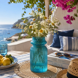 Turquoise Short Striped Vase in Recycled Glass H29 D14.5