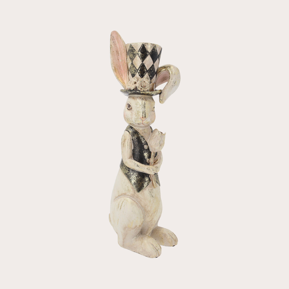 Statua Coniglio con Papavero e Cappello in Resina H. 38 cm