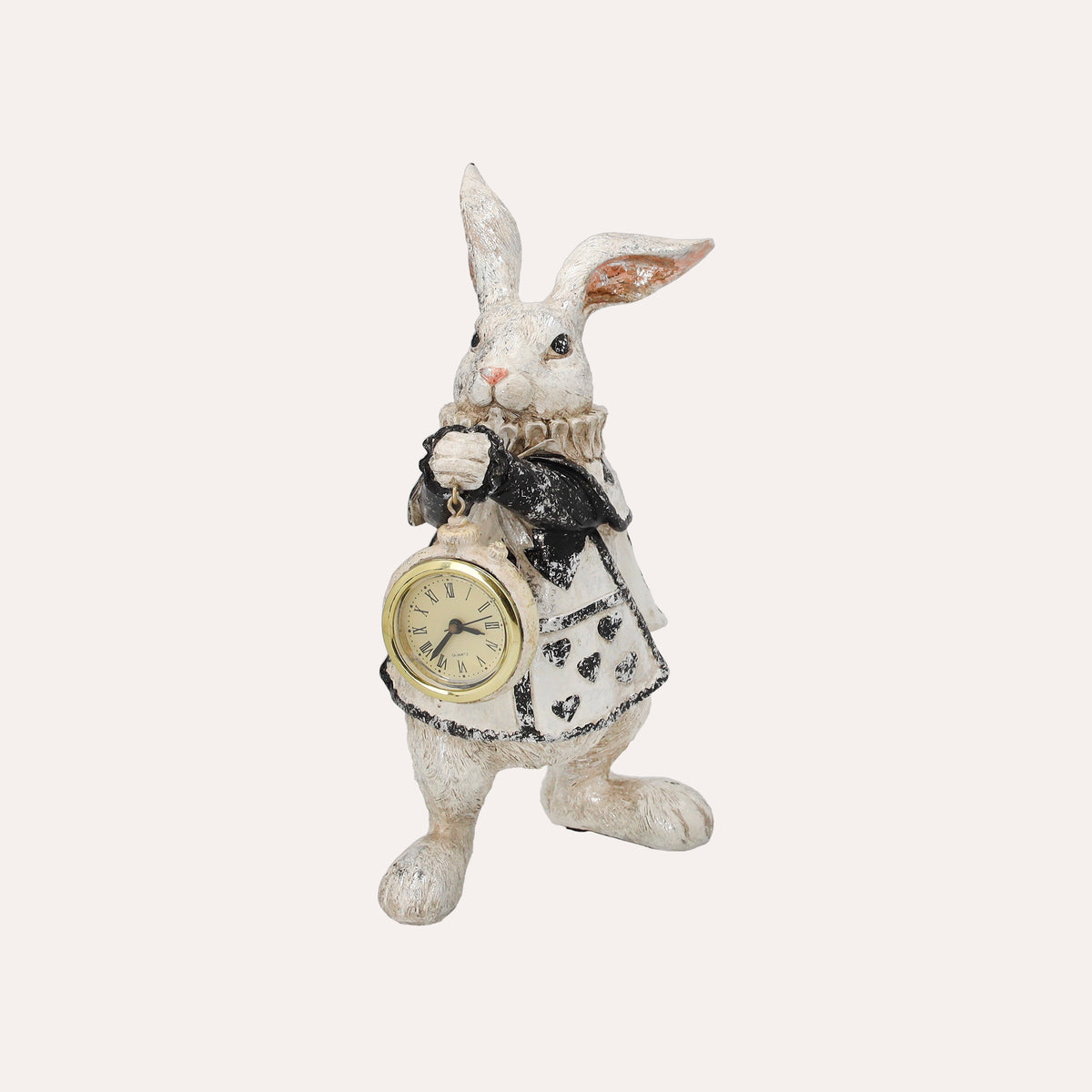 Statuina Bianconiglio con Orologio in Resina Bianco/Nero H. 26 cm